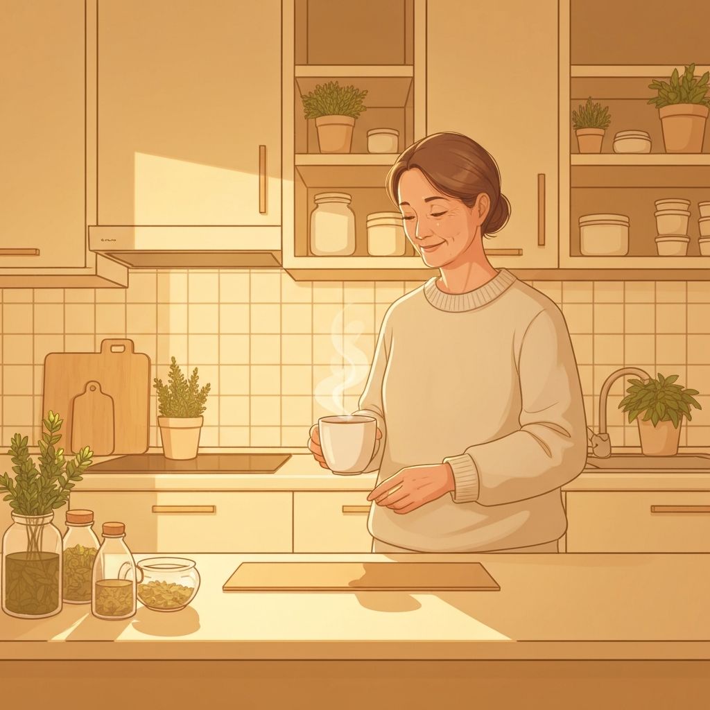 Henkilö valmistaa yrtteistä teetä keittiössä, ilta rauhoineen, yksinkertainen rituaali
